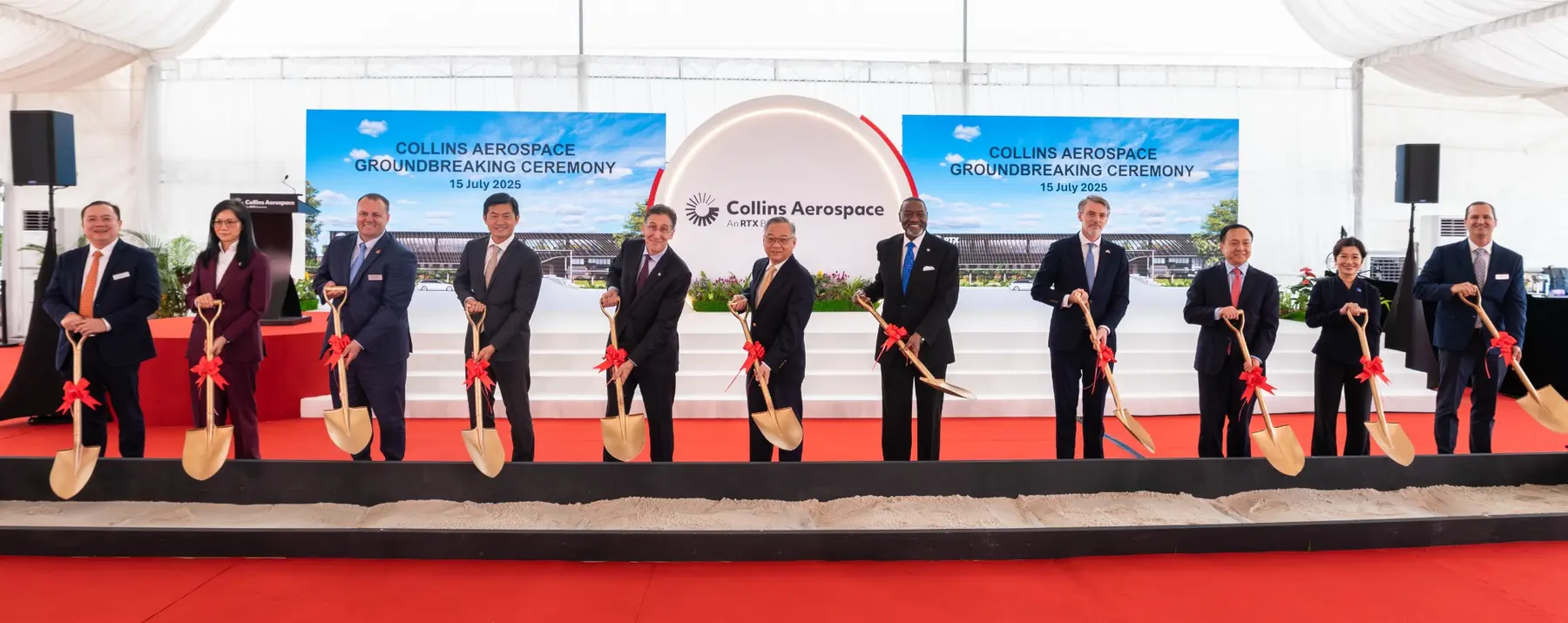 Collins Aerospace ceremonial shovel lineup at the groundbreaking ceremony